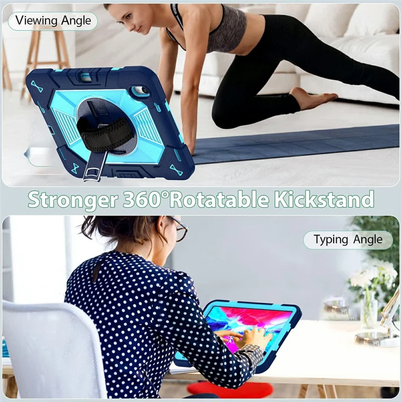 For iPad (2025) / iPad 10.9 (2022) Case Kickstand PC + Silicone Shockproof Cover with Hand Strap / Shoulder Strap - Navy Blue+Sky Blue