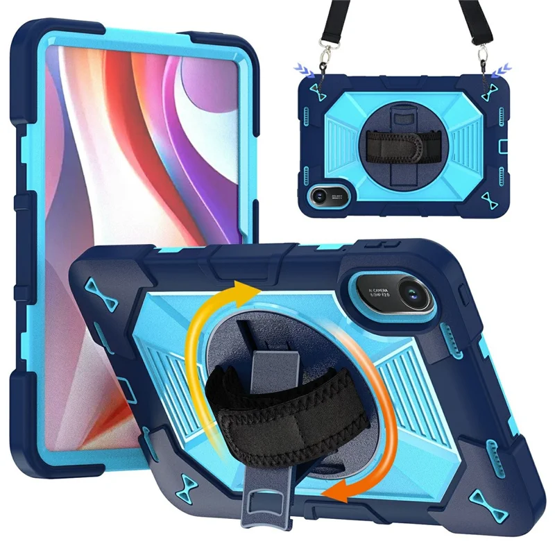 For Xiaomi Redmi Pad 2 11 Case Kickstand PC + Silicone Shockproof Cover with Hand Strap / Shoulder Strap - Navy Blue+Sky Blue