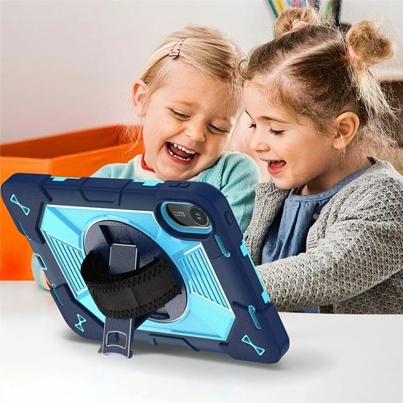 For Xiaomi Redmi Pad 2 11 Case Kickstand PC + Silicone Shockproof Cover with Hand Strap / Shoulder Strap - Navy Blue+Sky Blue