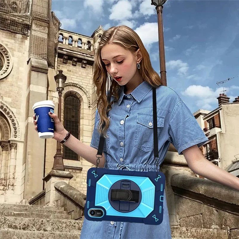 For Xiaomi Redmi Pad 2 11 Case Kickstand PC + Silicone Shockproof Cover with Hand Strap / Shoulder Strap - Navy Blue+Sky Blue