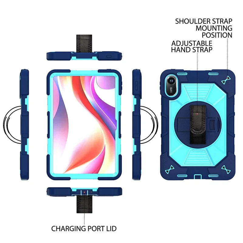 For Xiaomi Redmi Pad 2 11 Case Kickstand PC + Silicone Shockproof Cover with Hand Strap / Shoulder Strap - Navy Blue+Sky Blue