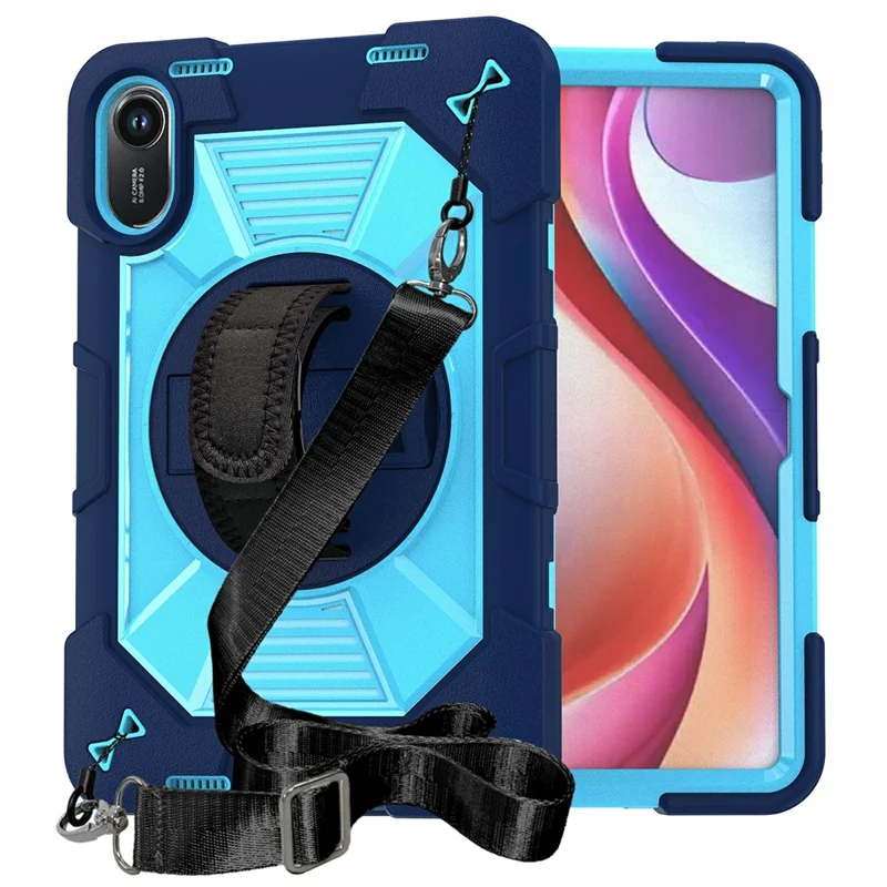 For Xiaomi Redmi Pad 2 11 Case Kickstand PC + Silicone Shockproof Cover with Hand Strap / Shoulder Strap - Navy Blue+Sky Blue