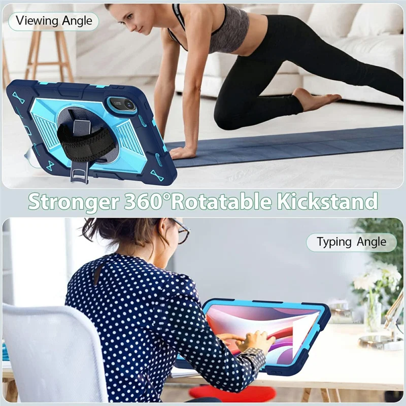 For Xiaomi Redmi Pad 2 11 Case Kickstand PC + Silicone Shockproof Cover with Hand Strap / Shoulder Strap - Navy Blue+Sky Blue