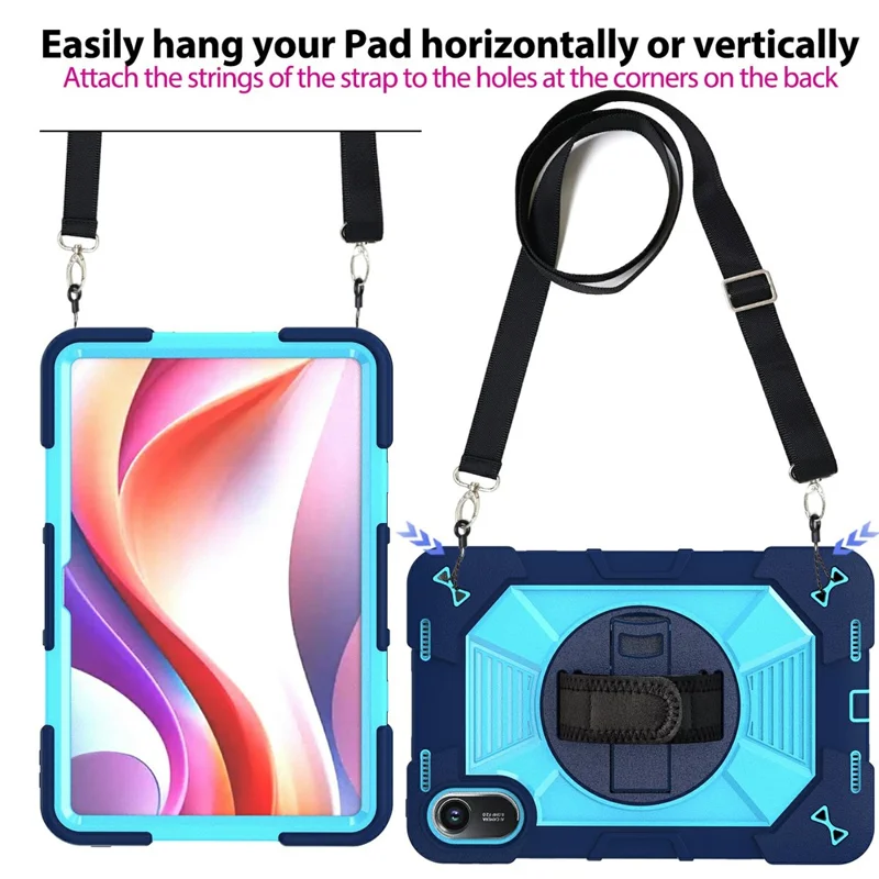 For Xiaomi Redmi Pad 2 11 Case Kickstand PC + Silicone Shockproof Cover with Hand Strap / Shoulder Strap - Navy Blue+Sky Blue