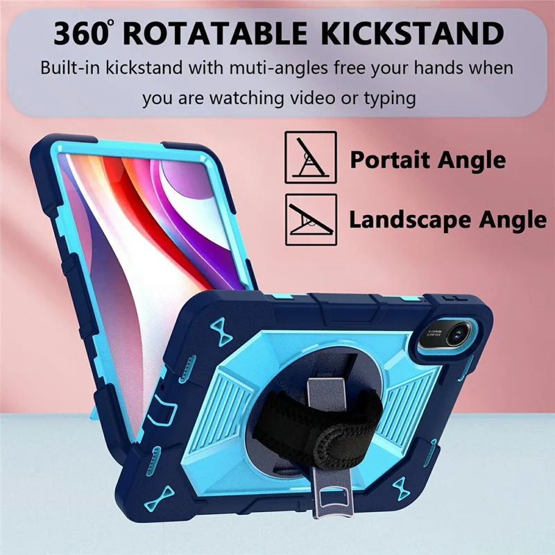 For Xiaomi Redmi Pad 2 11 Case Kickstand PC + Silicone Shockproof Cover with Hand Strap / Shoulder Strap - Navy Blue+Sky Blue