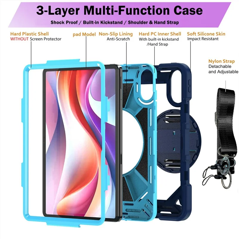 For Xiaomi Redmi Pad 2 11 Case Kickstand PC + Silicone Shockproof Cover with Hand Strap / Shoulder Strap - Navy Blue+Sky Blue
