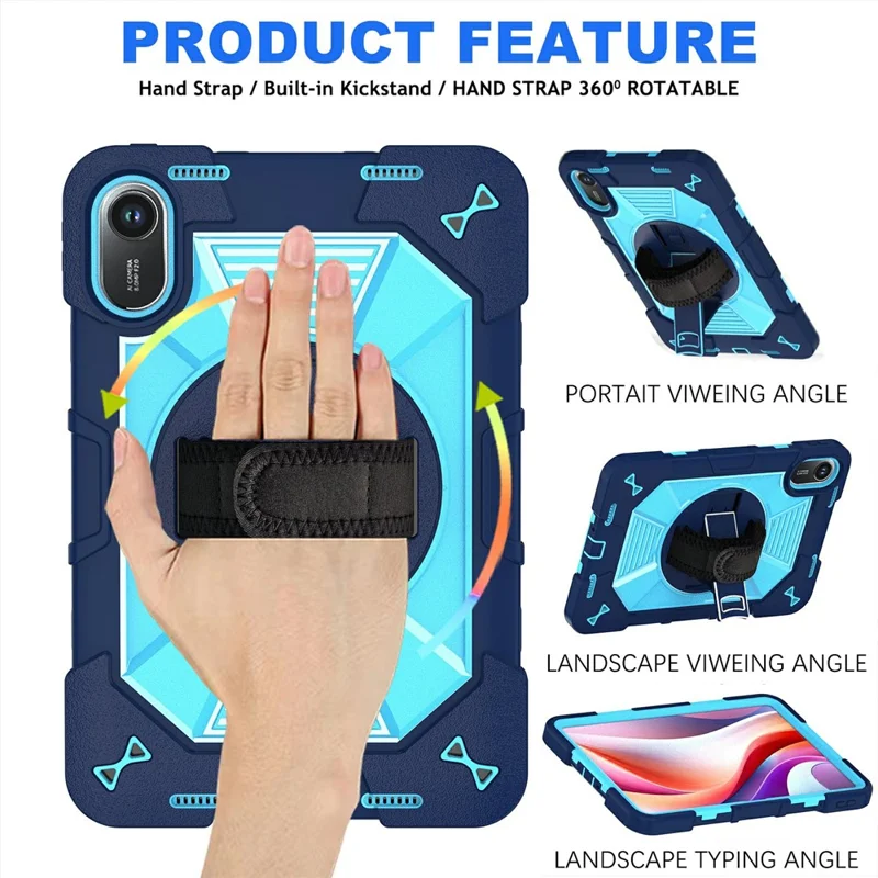For Xiaomi Redmi Pad 2 11 Case Kickstand PC + Silicone Shockproof Cover with Hand Strap / Shoulder Strap - Navy Blue+Sky Blue
