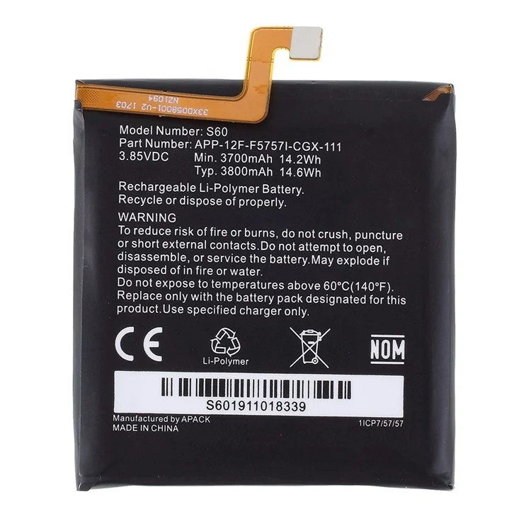 Pour Cat S60 3,85v 3700mAh Pièce de Remplacement de Batterie en Polymère Li-ion (Encode: APP-12F-F5757I-CGX-111) (sans Logo)