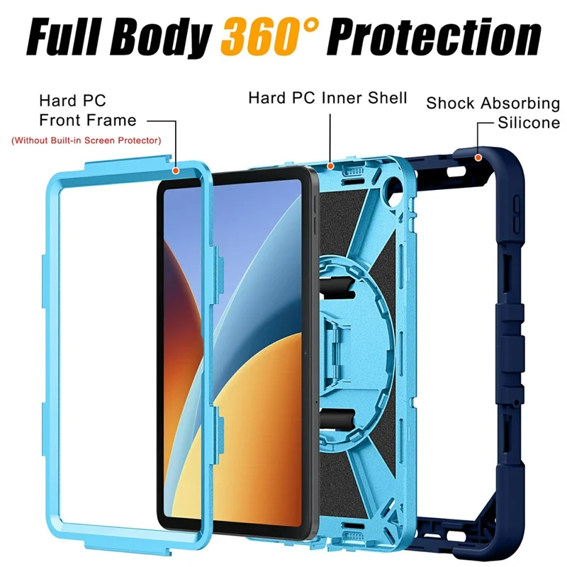 Tablet Case for Xiaomi Redmi Pad 2 SE / Pad 2 9.7 / Poco Pad C1 Kickstand PC + Silicone Shockproof Cover with Hand Strap / Shoulder Strap - Navy Blue+Sky Blue