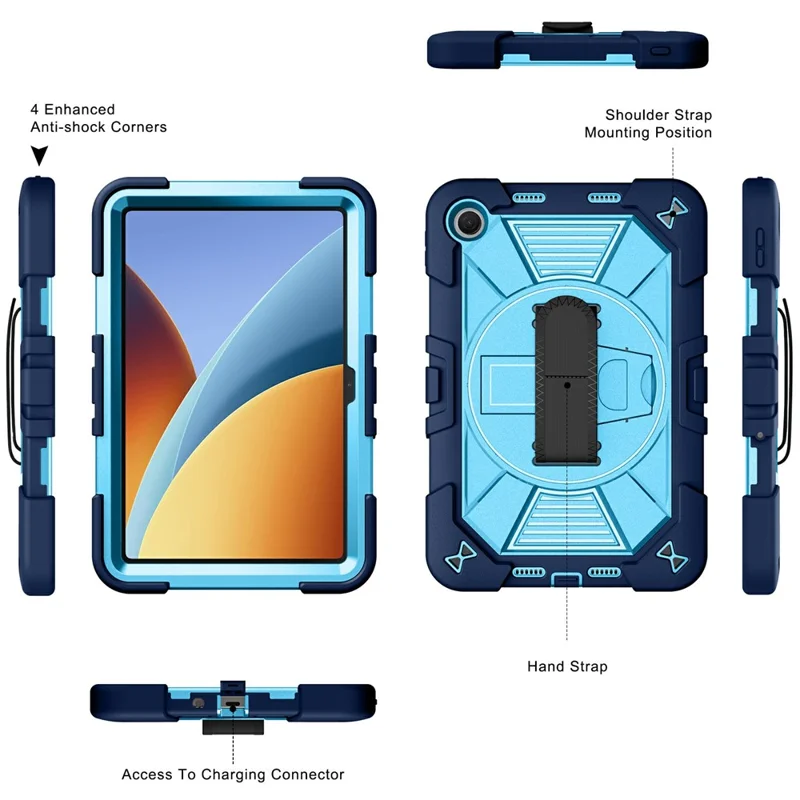 Tablet Case for Xiaomi Redmi Pad 2 SE / Pad 2 9.7 / Poco Pad C1 Kickstand PC + Silicone Shockproof Cover with Hand Strap / Shoulder Strap - Navy Blue+Sky Blue