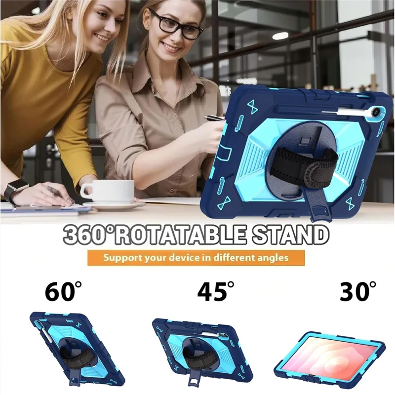 Custodia per Tablet Samsung Galaxy Tab S10 / Tab S10 FE / Tab S10 Lite / Tab S9 / Tab S9 FE con Supporto Stand in PC + Silicone Antiurto con Tracolla / Cinghia da Polso - Blu Navy + Celeste