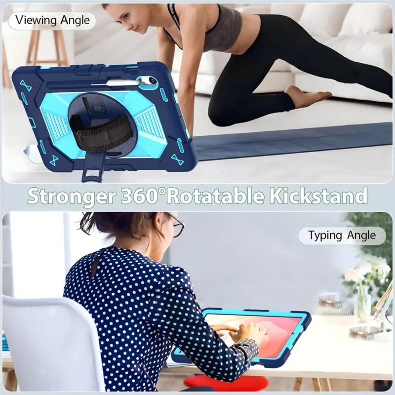 Custodia per Tablet Samsung Galaxy Tab S10 / Tab S10 FE / Tab S10 Lite / Tab S9 / Tab S9 FE con Supporto Stand in PC + Silicone Antiurto con Tracolla / Cinghia da Polso - Blu Navy + Celeste