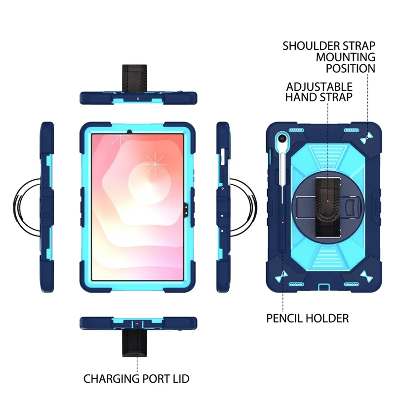 Custodia per Tablet Samsung Galaxy Tab S10 / Tab S10 FE / Tab S10 Lite / Tab S9 / Tab S9 FE con Supporto Stand in PC + Silicone Antiurto con Tracolla / Cinghia da Polso - Blu Navy + Celeste