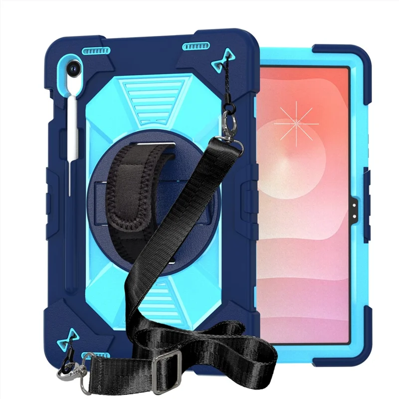 Custodia per Tablet Samsung Galaxy Tab S10 / Tab S10 FE / Tab S10 Lite / Tab S9 / Tab S9 FE con Supporto Stand in PC + Silicone Antiurto con Tracolla / Cinghia da Polso - Blu Navy + Celeste