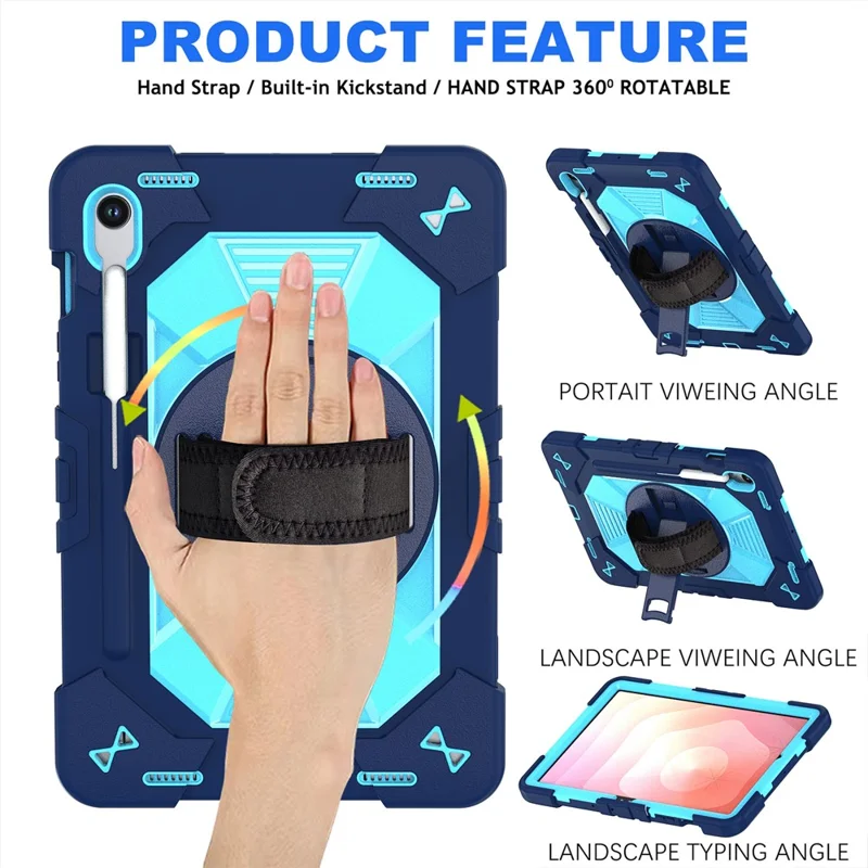 Custodia per Tablet Samsung Galaxy Tab S10 / Tab S10 FE / Tab S10 Lite / Tab S9 / Tab S9 FE con Supporto Stand in PC + Silicone Antiurto con Tracolla / Cinghia da Polso - Blu Navy + Celeste