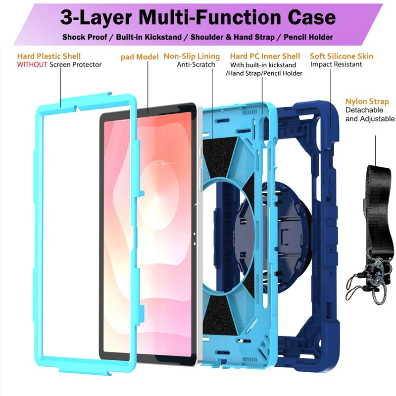 Custodia per Tablet Samsung Galaxy Tab S10 / Tab S10 FE / Tab S10 Lite / Tab S9 / Tab S9 FE con Supporto Stand in PC + Silicone Antiurto con Tracolla / Cinghia da Polso - Blu Navy + Celeste