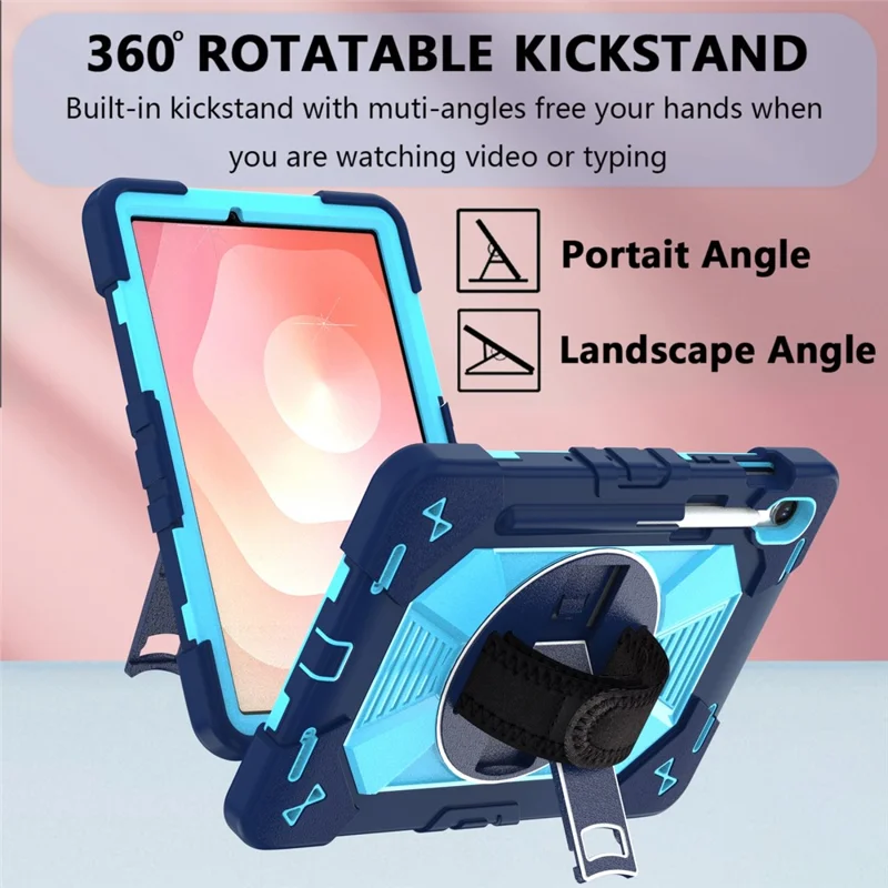 Custodia per Tablet Samsung Galaxy Tab S10 / Tab S10 FE / Tab S10 Lite / Tab S9 / Tab S9 FE con Supporto Stand in PC + Silicone Antiurto con Tracolla / Cinghia da Polso - Blu Navy + Celeste