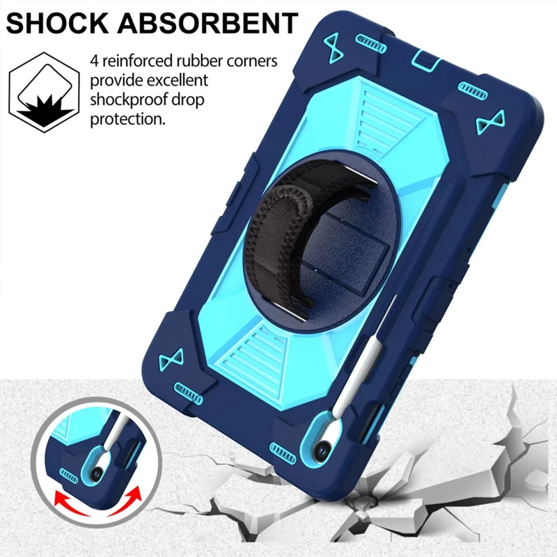 Custodia per Tablet Samsung Galaxy Tab S10 / Tab S10 FE / Tab S10 Lite / Tab S9 / Tab S9 FE con Supporto Stand in PC + Silicone Antiurto con Tracolla / Cinghia da Polso - Blu Navy + Celeste