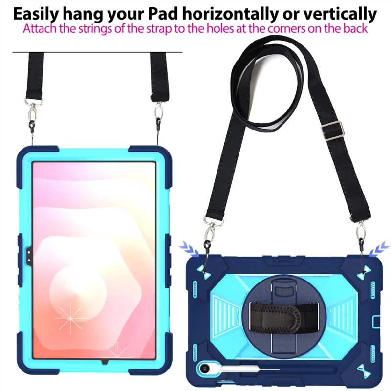 Custodia per Tablet Samsung Galaxy Tab S10 / Tab S10 FE / Tab S10 Lite / Tab S9 / Tab S9 FE con Supporto Stand in PC + Silicone Antiurto con Tracolla / Cinghia da Polso - Blu Navy + Celeste