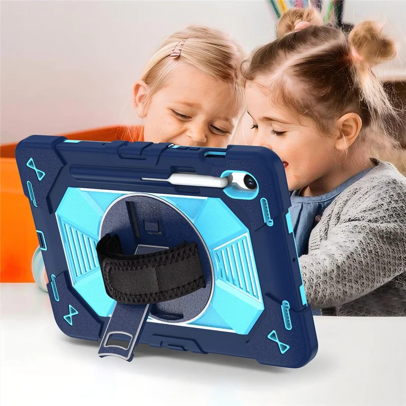Custodia per Tablet Samsung Galaxy Tab S10 / Tab S10 FE / Tab S10 Lite / Tab S9 / Tab S9 FE con Supporto Stand in PC + Silicone Antiurto con Tracolla / Cinghia da Polso - Blu Navy + Celeste