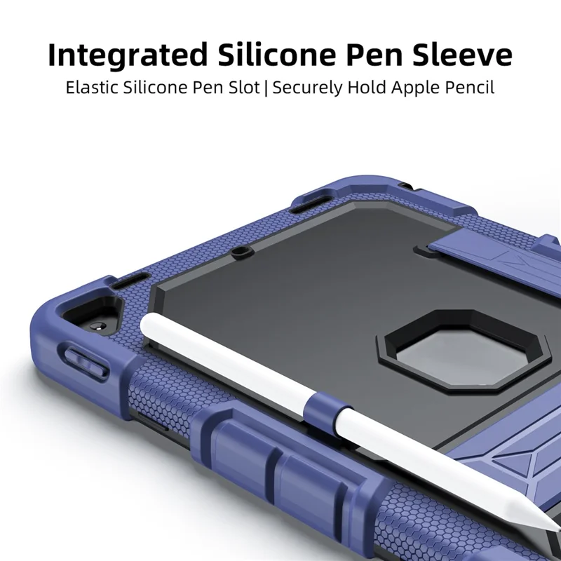 Tablet Case for iPad 10.2 (2021) / (2020) / (2019) Rugged PC + Silicone Shockproof Cover Built-in Kickstand / Hand Strap - Navy Blue+Black