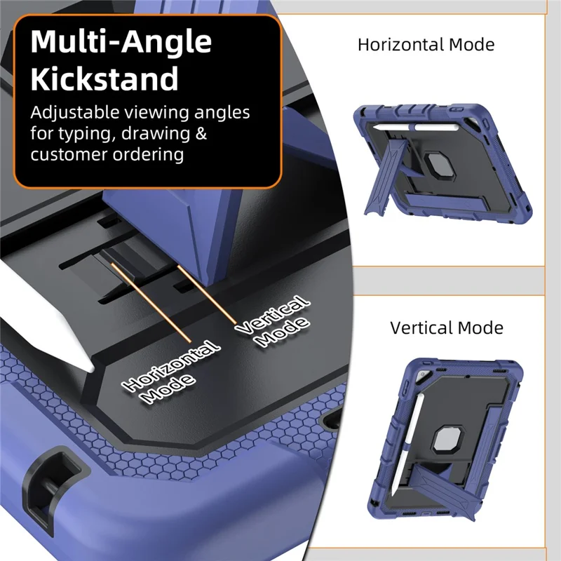 Tablet Case for iPad 10.2 (2021) / (2020) / (2019) Rugged PC + Silicone Shockproof Cover Built-in Kickstand / Hand Strap - Navy Blue+Black