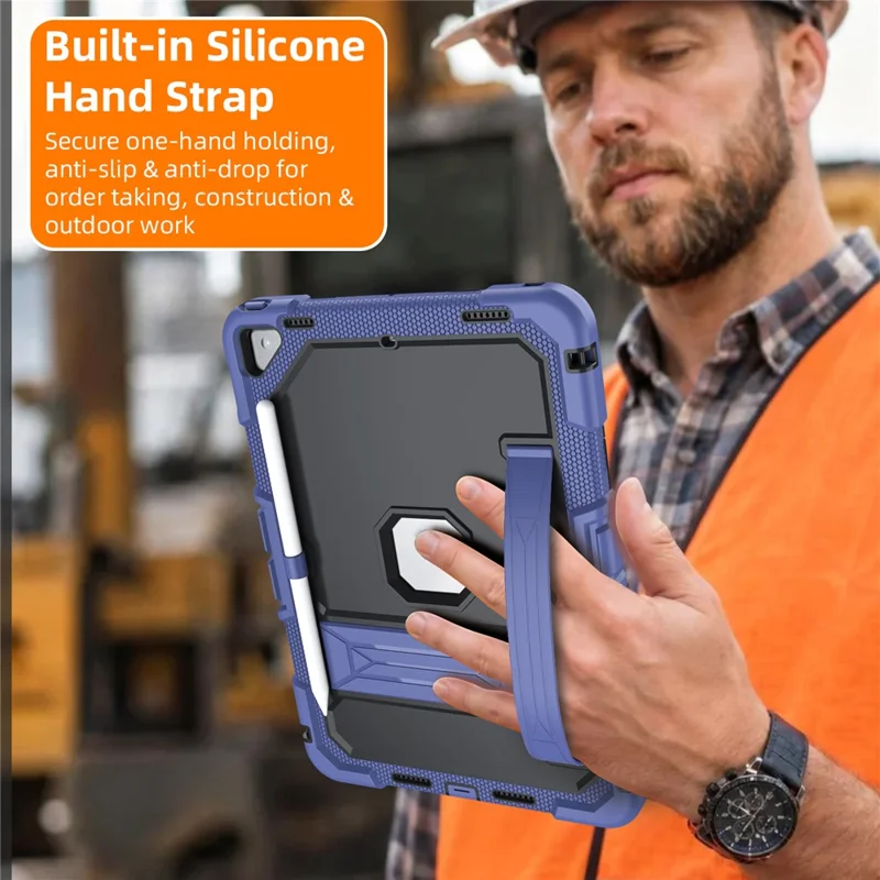 Tablet Case for iPad 10.2 (2021) / (2020) / (2019) Rugged PC + Silicone Shockproof Cover Built-in Kickstand / Hand Strap - Navy Blue+Black