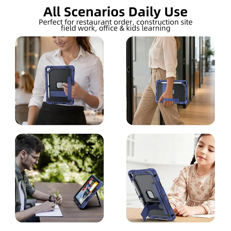 Tablet Case for iPad 10.2 (2021) / (2020) / (2019) Rugged PC + Silicone Shockproof Cover Built-in Kickstand / Hand Strap - Navy Blue+Black