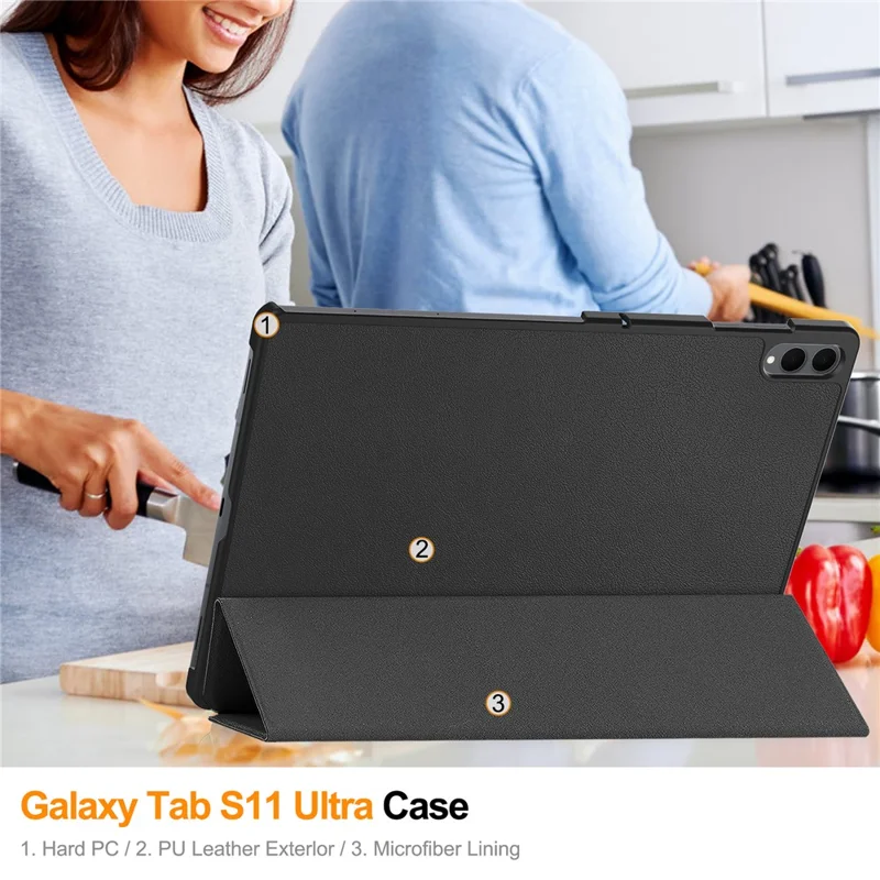For Samsung Galaxy Tab S12 Ultra / S11 Ultra PU Leather Tablet Case Anti-drop Tri-Fold Stand Slim Protective Cover - Black