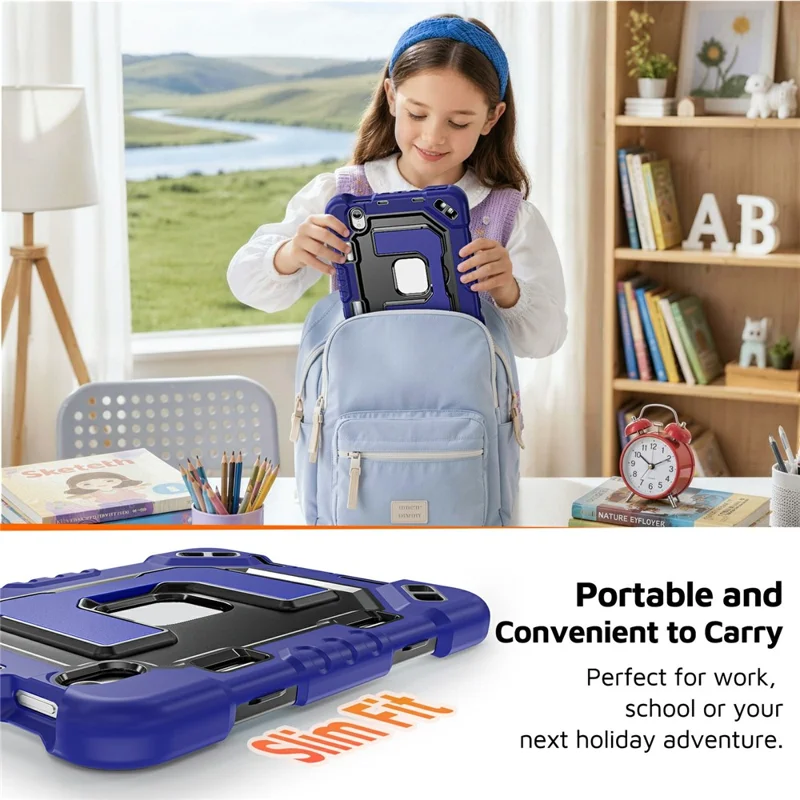 For iPad mini (2024) / (2021) Case Shockproof PC + TPU + Silicone Protective Cover with Shoulder Strap / Pen Holder - Navy Blue+Black