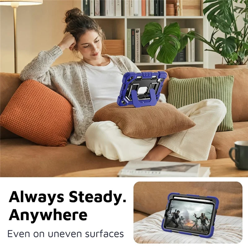 For iPad mini (2024) / (2021) Case Shockproof PC + TPU + Silicone Protective Cover with Shoulder Strap / Pen Holder - Navy Blue+Black