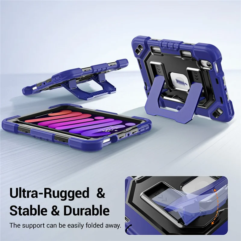For iPad mini (2024) / (2021) Case Shockproof PC + TPU + Silicone Protective Cover with Shoulder Strap / Pen Holder - Navy Blue+Black