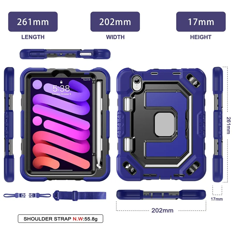 For iPad mini (2024) / (2021) Case Shockproof PC + TPU + Silicone Protective Cover with Shoulder Strap / Pen Holder - Navy Blue+Black
