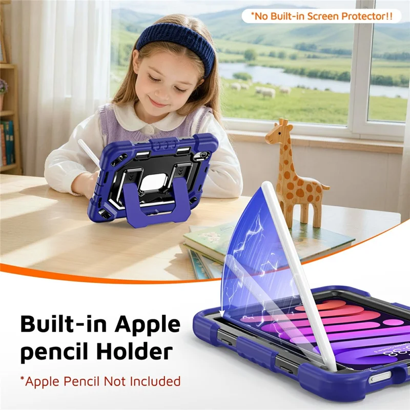 For iPad mini (2024) / (2021) Case Shockproof PC + TPU + Silicone Protective Cover with Shoulder Strap / Pen Holder - Navy Blue+Black