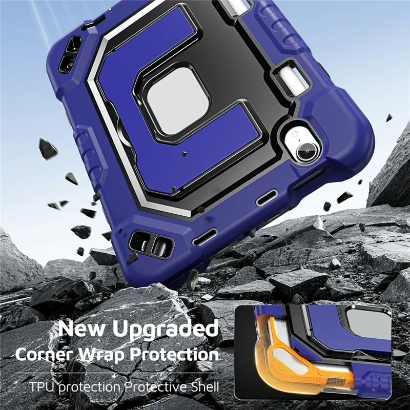 For iPad mini (2024) / (2021) Case Shockproof PC + TPU + Silicone Protective Cover with Shoulder Strap / Pen Holder - Navy Blue+Black