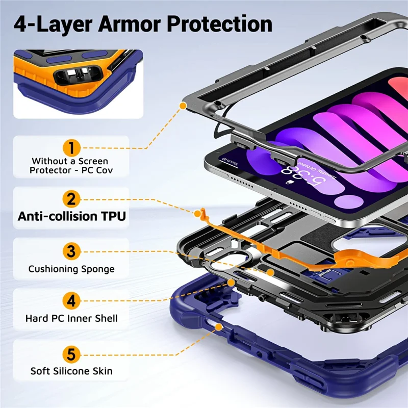 For iPad mini (2024) / (2021) Case Shockproof PC + TPU + Silicone Protective Cover with Shoulder Strap / Pen Holder - Navy Blue+Black