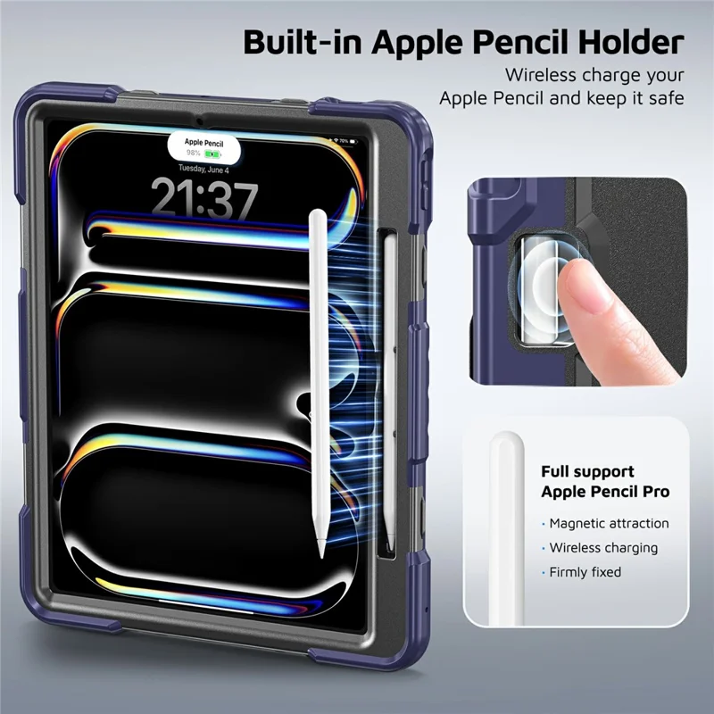 For iPad Pro 13 (2025) / (2024) Case TPU + PC + Silicone Shockproof Tablet Cover with Kickstand Handle Grip - Navy Blue+Black
