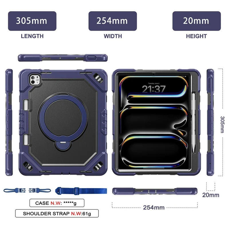 For iPad Pro 13 (2025) / (2024) Case TPU + PC + Silicone Shockproof Tablet Cover with Kickstand Handle Grip - Navy Blue+Black