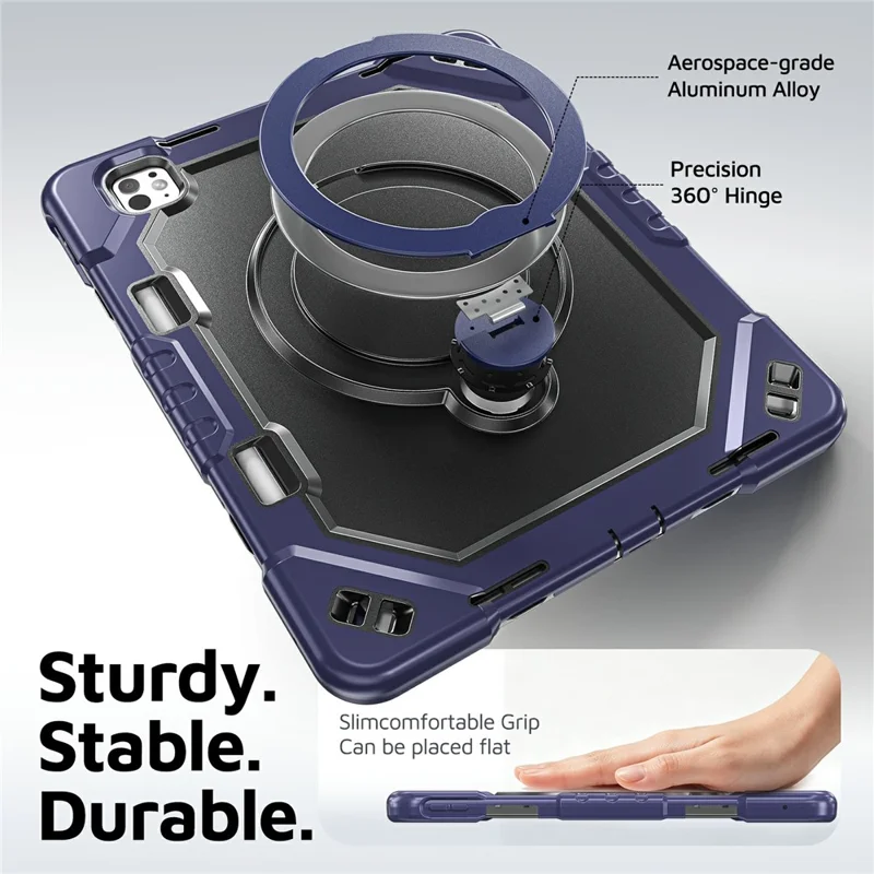 For iPad Pro 13 (2025) / (2024) Case TPU + PC + Silicone Shockproof Tablet Cover with Kickstand Handle Grip - Navy Blue+Black