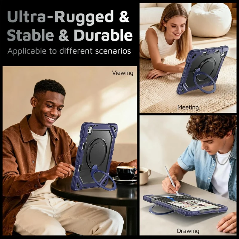 For iPad Pro 13 (2025) / (2024) Case TPU + PC + Silicone Shockproof Tablet Cover with Kickstand Handle Grip - Navy Blue+Black