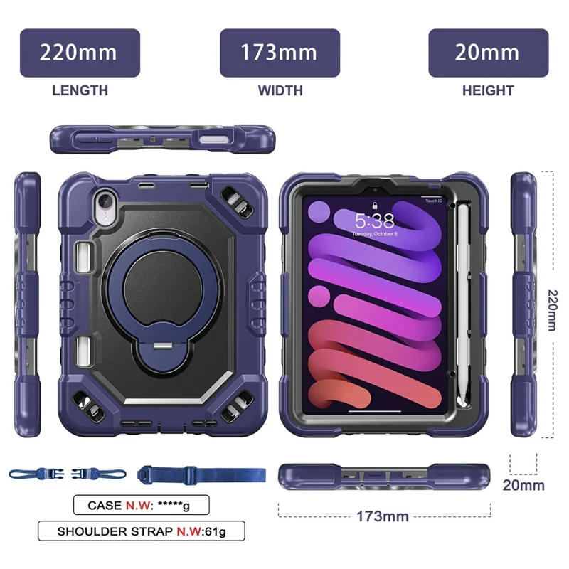 For iPad mini (2021)  /  (2024) Case TPU + PC + Silicone Shockproof Tablet Cover with Kickstand Handle Grip - Navy Blue+Black