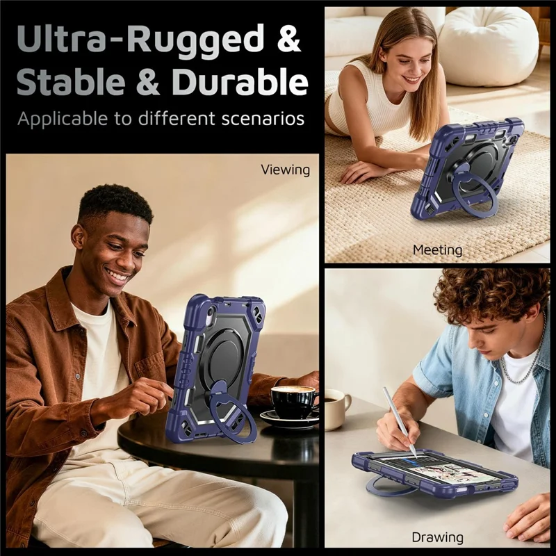 For iPad mini (2021)  /  (2024) Case TPU + PC + Silicone Shockproof Tablet Cover with Kickstand Handle Grip - Navy Blue+Black
