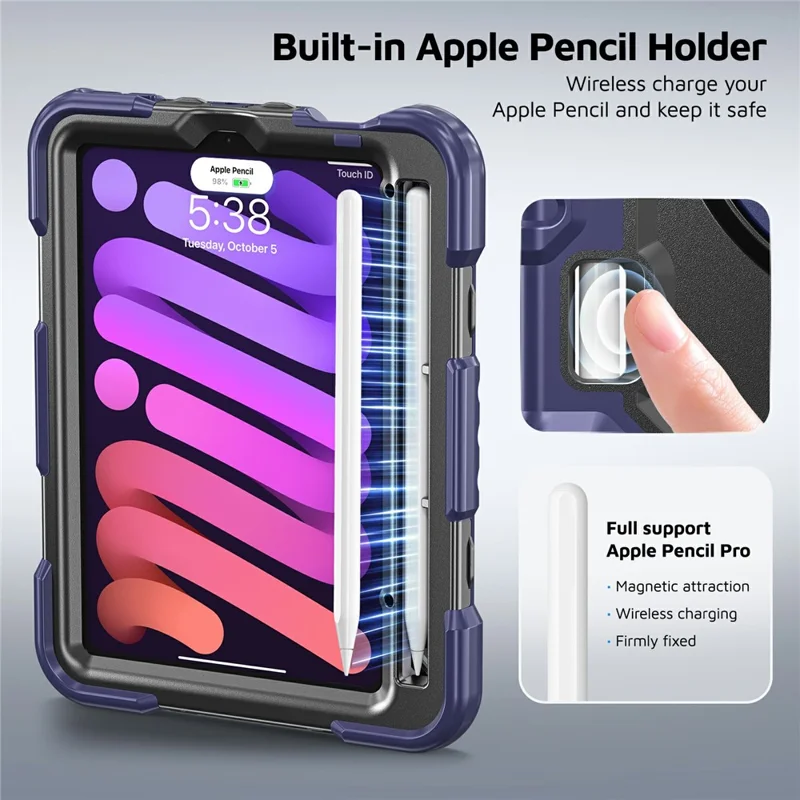 For iPad mini (2021)  /  (2024) Case Kickstand TPU + PC + Silicone Tablet Cover with Shoulder Strap - Navy Blue+Black