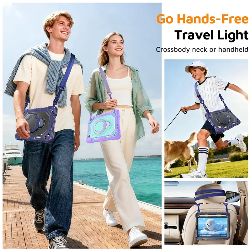 For iPad mini (2021)  /  (2024) Case Kickstand TPU + PC + Silicone Tablet Cover with Shoulder Strap - Navy Blue+Black