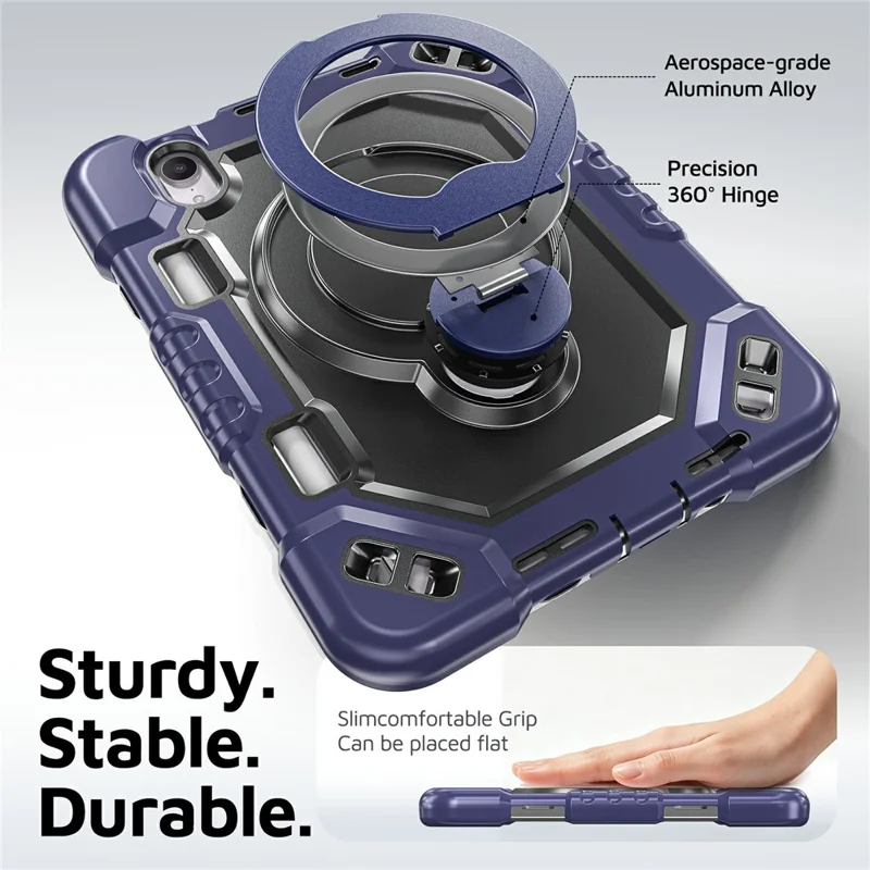 For iPad mini (2021)  /  (2024) Case Kickstand TPU + PC + Silicone Tablet Cover with Shoulder Strap - Navy Blue+Black