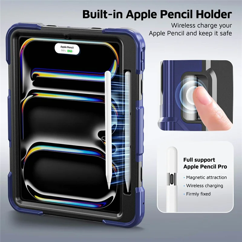 For iPad Pro 11 (2024)  /  (2025) Case TPU + PC + Silicone Shockproof Tablet Cover with Kickstand Handle Grip - Navy Blue+Black