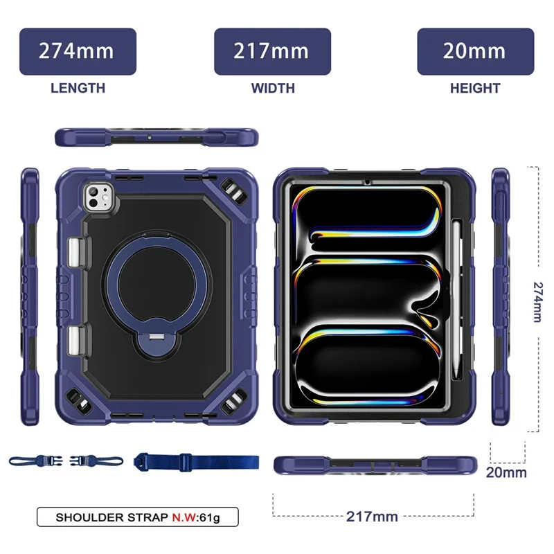 For iPad Pro 11 (2024)  /  (2025) Case TPU + PC + Silicone Shockproof Tablet Cover with Kickstand Handle Grip - Navy Blue+Black