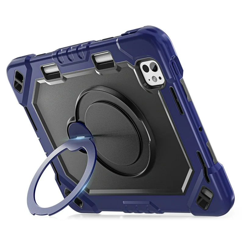 For iPad Pro 11 (2024)  /  (2025) Case TPU + PC + Silicone Shockproof Tablet Cover with Kickstand Handle Grip - Navy Blue+Black