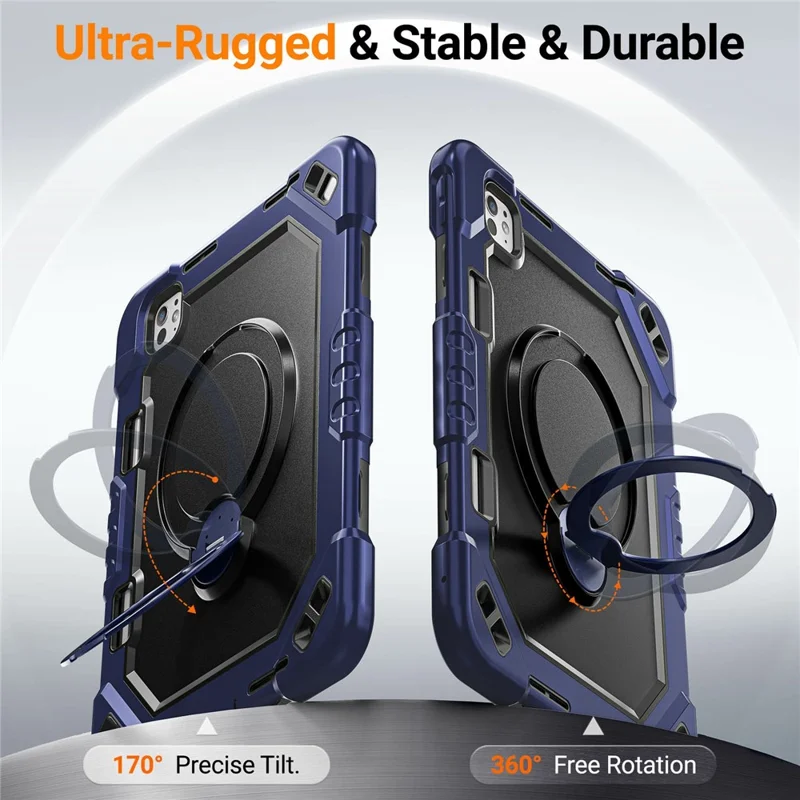 For iPad Pro 11 (2024)  /  (2025) Case TPU + PC + Silicone Shockproof Tablet Cover with Kickstand Handle Grip - Navy Blue+Black