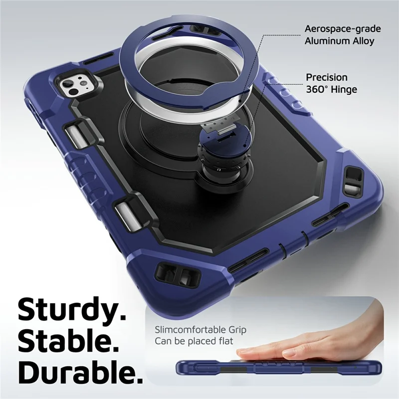 For iPad Pro 11 (2024)  /  (2025) Case TPU + PC + Silicone Shockproof Tablet Cover with Kickstand Handle Grip - Navy Blue+Black